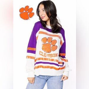 New! QUEEN OF SPARKLES Licensed Clemson Sequin Striped Logo Sweater Oversized